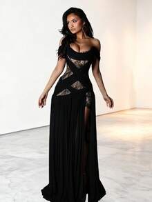 Vestido Maxi Negro Off-the-Shoulder con Encaje Transparente y Lado Cortado, para Fiestas y Eventos Elegantes - Negro - Ver 1