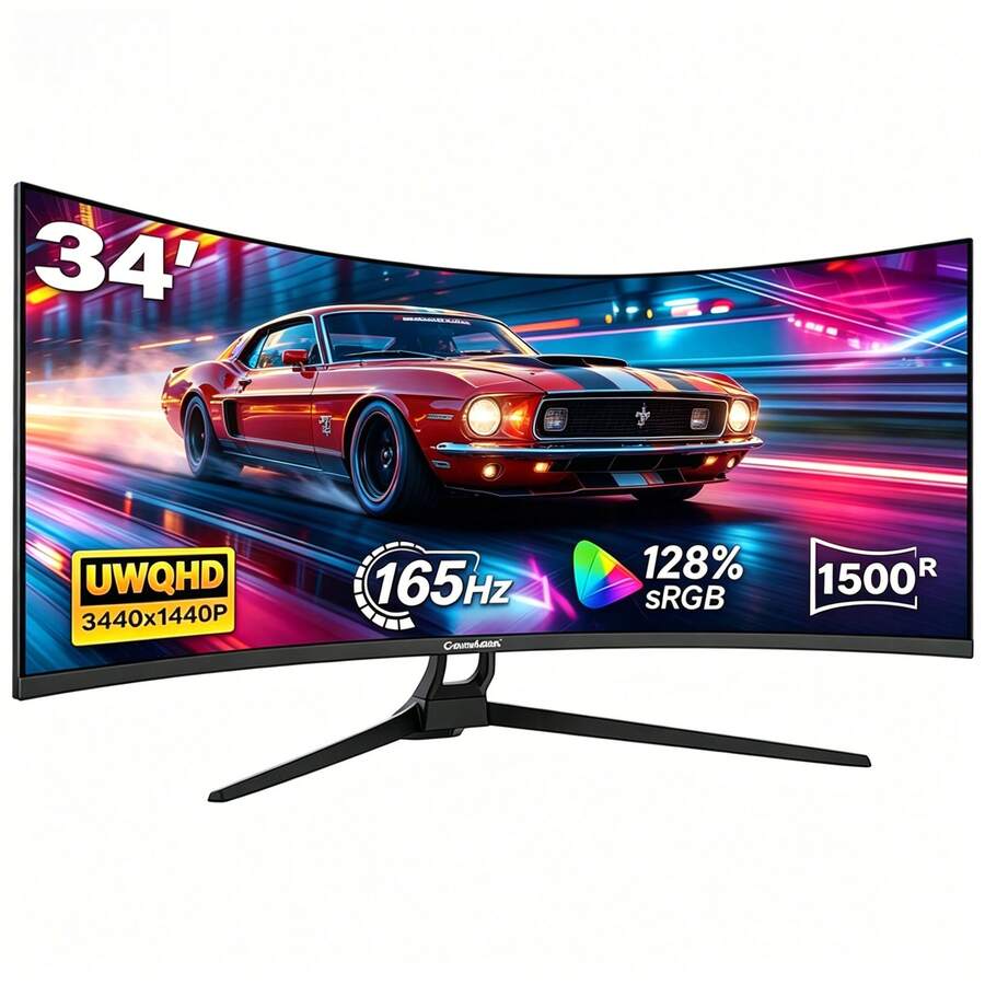 Gawfolk 34 Inch Black Ultra Wide Curved Gaming Monitor, WQHD 165Hz 1500R PC Monitor, 1ms MPRT 128% SRGB Bezel-Less Computer Display, PIP PBP Supported Monitor Gaming Screen, DP Port & Tilt Adjustable, Wall Mountable Design, Applicable For PC Computer, PC Gaming, TV Viewing, Office Work And Multimedia Entertainment, Multiple Sizes Optional - UK Plug(220-240V) - View 1