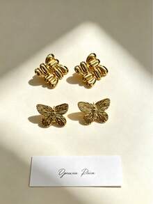 French Vintage Butterfly 304 Stainless Steel Stud Earrings, Two 3D Textures, Gentle Luxury Style, Suitable For Dates, Parties, Graduation Season, Daily School, Holiday Gifts, Workplace, Commuting, Creating High-End Style, Evening Banquets, Travel, Casual Shopping, Finely Polished And Comfortable Fit, Summer Garden/Beach Party Birthday Focus, Must-Have For Summer Travel - Multicolor - View 3