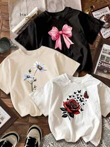 3  Conjunto de  camiseta de streetwear, oversized cuello redondo hip-hop events manga corta con cuello redondo y estampado gráfico para mujer – Elegante top de verano en talla europea. - Negro - Ver 1