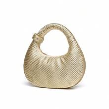 Mini Hobo Bag In A Crescent Shape, Fully Covered In Rhinestones, Integrated Circular Handle With Bow, Zipper, Various Colors, Women's Party, Wedding, Birthday Gift - Brown - View 2