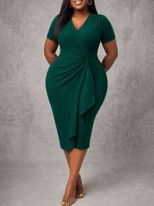 Women's Elegant Casual Vacation Party Wedding Date Office Commute Short Sleeve V-Neck Wrap Ruffle Hem Midi Dress, Spring/Summer - Dark Green - View 3