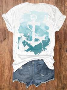 Sea Print Round Neck T-Shirt, Casual Vacation Women's Short Sleeve Top, Women's Clothing, Retro Loose-Fit T-Shirt - 白色 - 查看 1