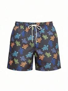 1pc Men's Navy Blue Colorful Sea Turtle Print Beach Shorts, Casual Cartoon Pattern, Drawstring Waist, Washable, Suitable For Swimming Pool, Beach Vacation & Leisure - Blue - View 7