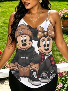Disney, Mickey And Minnie Mouse Couple In Hoodies And Sneakers Print, V-Neck Spaghetti Strap Top, Casual Outfit For Women - 彩色 - 查看 1