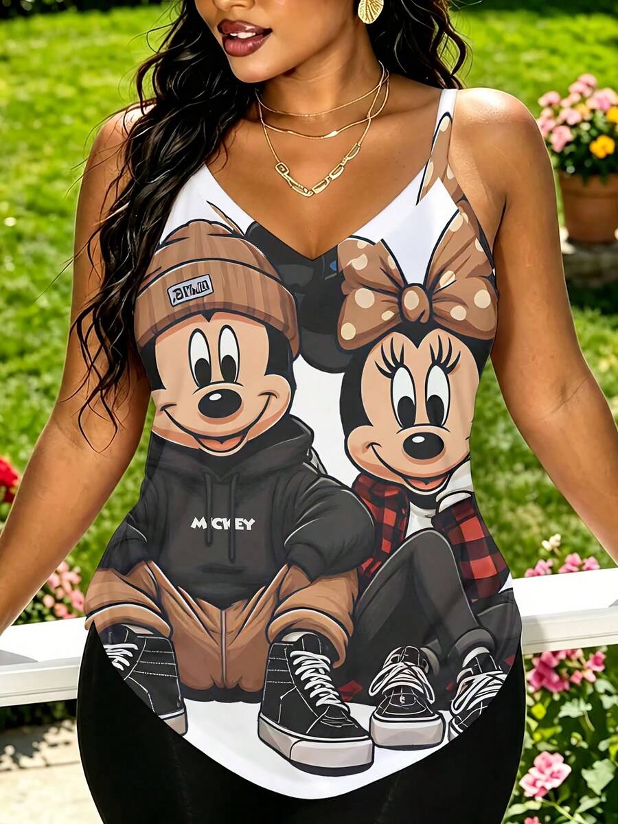 Disney, Mickey And Minnie Mouse Couple In Hoodies And Sneakers Print, V-Neck Spaghetti Strap Top, Casual Outfit For Women - 彩色 - 查看 1