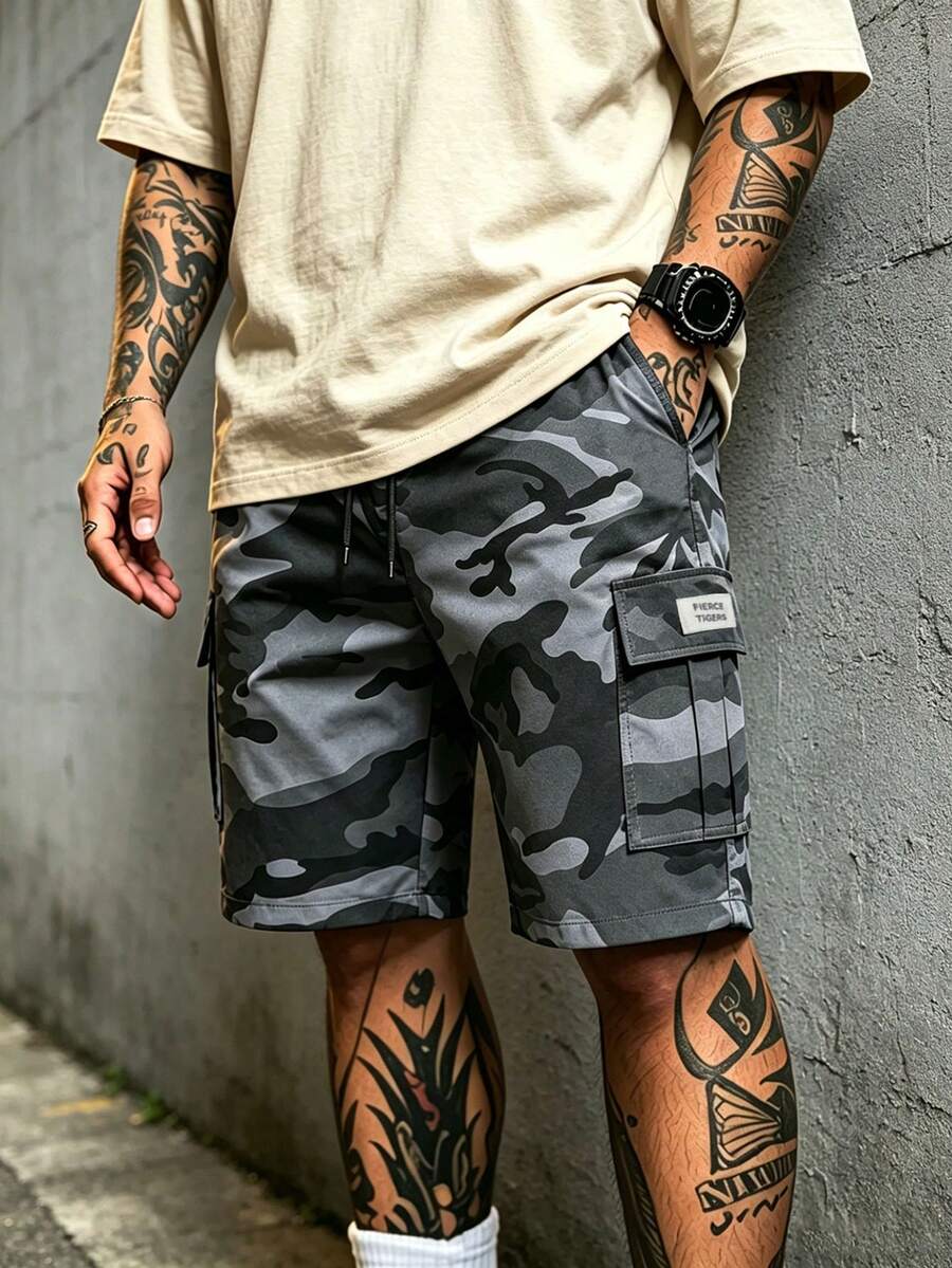 Plus Size Men's Summer Outdoor Casual Cargo Camouflage Shorts Street Style Versatile Knee Length Shorts - Dark Grey - View 1