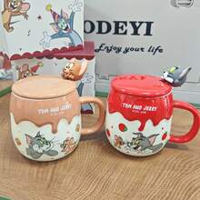 TOM AND JERRY. Cartoon Cat & Mouse Cream Rim Mug 370ml With 3D Lid + Spoon, Anti-Scald Handle, Breakfast Water Cup, Office Coffee & Milk Cup, Gift For Friends - Multicolor - View 1