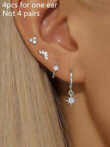 4pcs Elegant Stainless Steel Crown Zirconia Hoop Earrings Set, Floral Stud Earrings Jewelry For Women - 4pcs-silver-8# - View 1
