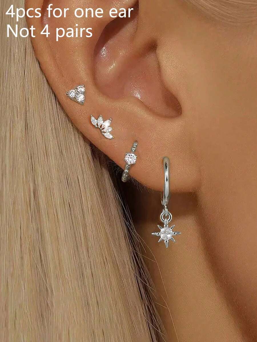 4pcs Elegant Stainless Steel Crown Zirconia Hoop Earrings Set, Floral Stud Earrings Jewelry For Women - 4pcs-silver-8# - View 1