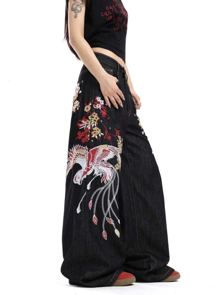 American Retro Embroidered Wide Leg Jeans For Women, Loose Street Style Casual All-Season Everyday Long Pants