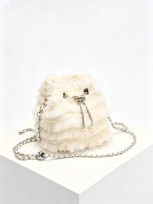 Cream Tulle Ruffle Bucket Bag, Faux Pearl Drawstring Chain Crossbody Bag, 2025 Ballet Fairy Style Women's Teen Handbag, Suitable For Bride/Date/S - Apricot - View 7