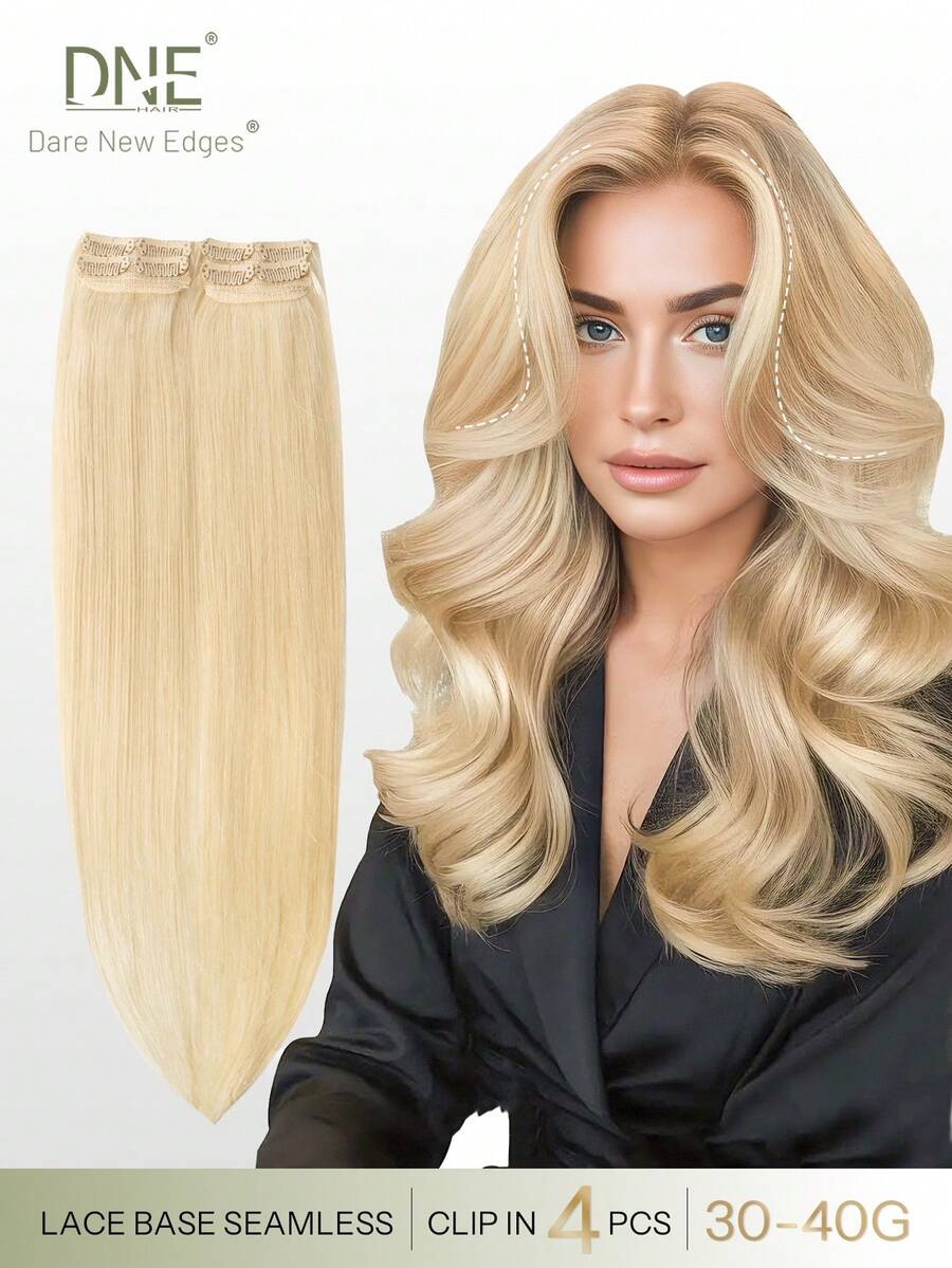 DNE HAIR 4件裝直髮夾式真人髮接片,8個夾子雙層髮束隱形設計,613#淺金色與金blonde色真髮,12-18英吋長,持久防脫落,柔軟厚實質感,適合全頭佩戴,日常穿搭、節日與季節搭配 - S613 - 查看 1