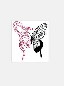 1 Pc Feminine Red Snake & Black Butterfly Temporary Tattoo, Waterproof Fake Contrasting Serpent Tattoo Sticker, Mystical Edgy Body Art - Multicolor - View 4