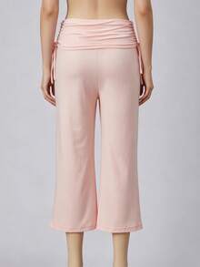Womens Casual Capri Pants Solid Color Dot Print Ruched Drawstring Waistband Wide Leg Trousers Lounge Pants - Pink - View 6