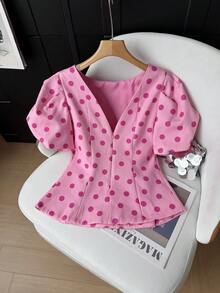 GMFP Pink Polka Dot Round Neck Puff Sleeve Waist-Cinching Cropped Backless Top, Date Independence Day World Cup Women's Outfit Summer - Pink - View 9