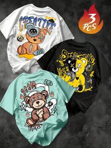 3 piezas, Conjunto camiseta de cuello redondo con estampado for streetwear, Top oversized cuello redondo daily , camping, , hip-hop conjunto de  piezas, manga corta de verano para hombre - Negro - Ver 7
