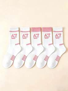 6/3/1Pair Women's Pink Fun 67 Number Mid-Calf Socks, Breathable Sweat-Absorbing Sports Socks, Striped Design, Suitable For Hiking And Cycling, All Seasons - Pink - View 6
