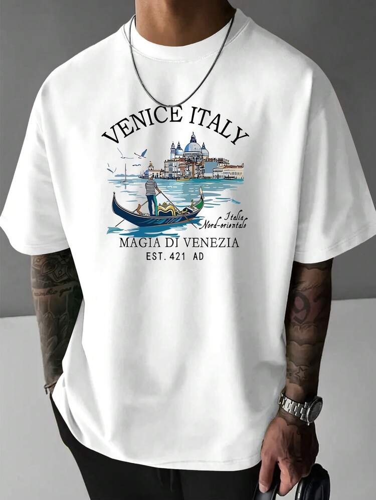 Camiseta de hombre de corte holgado y cuello redondo, moderna y casual para el uso diario, de manga corta con estampado de paisajes, versátil y esencial para el verano en estilo ins. - Blanco - Añade 1