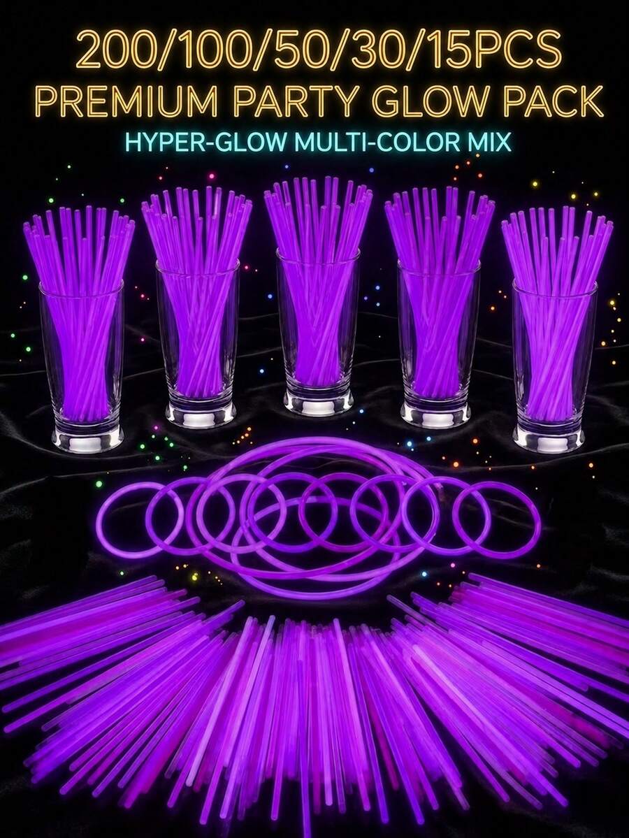 Barritas luminosas fluorescentes grandes de color púrpura 200/100/50/30/15, dispositivos de iluminación que brillan en la oscuridad para iluminación decorativa, iluminación continua de 8-12 horas, adecuadas para regalos de iluminación de fiestas, pulseras, collares, luces de neón, luces de fiesta de boda, luces LED talla grande brillantes, bares, discotecas, fútbol de la Copa del Mundo, luces nocturnas, regalos de cumpleaños perfectos para añadir un ambiente festivo a las fiestas de cumpleaños