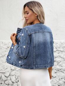 Women's Round Neck Studded Casual Denim Jacket - Blue - View 8