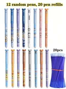32/14/1 Erasable Pen Set, Includes 12 Pens + 20 Refills, Multiple Cartoon Pattern Center Pens, 0.5mm Blue Ink Ballpoint Pens, Built-In Eraser, Quick-Drying, Comfortable Grip, Perfect For Note-Taking And Writing, Office Supplies, School Supplies, Back To School Essential - Erasable Pen Set - View 14