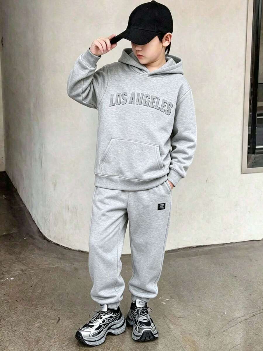 青少年男孩字母图案压纹保暖连帽衫和运动裤休闲抓绒套装 - 灰色 - 查看 1