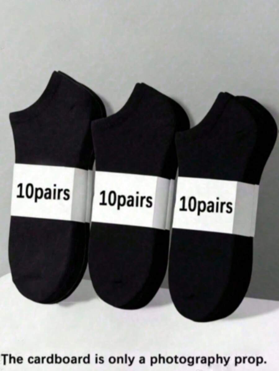 10 Pairs Black Thin Breathable Comfortable Ankle Socks, Solid Color Design Fashionable Casual, Suitable For Daily Leisure And Office Wear, Comfortable And Fitting - Black - View 1