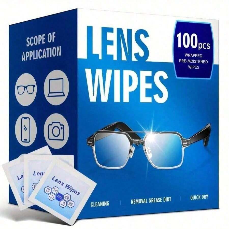 100-Pack Disposable Glasses Cleaning Wipes - Individually Wrapped Lens Cleaner For Eyeglasses, Fashion Glasses, Phone Screens, Electronics, And Camera Lenses - Portable, Glasses Cleaning, Screen Cleaning, Compact Design, Durable Packaging, - Multicolor - View 1