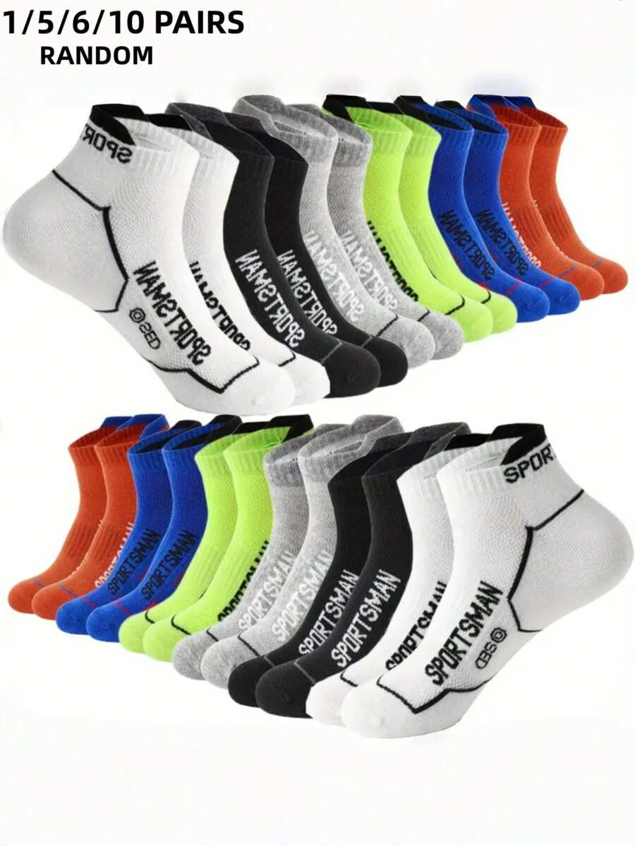 1/5/6/10 Pairs Men Mesh Athletic Ankle Socks, Soft Letter Print Short Socks, All Seasons Sports Running Basketball Socks For Home Outdoor Daily Use - Multicolor - View 1