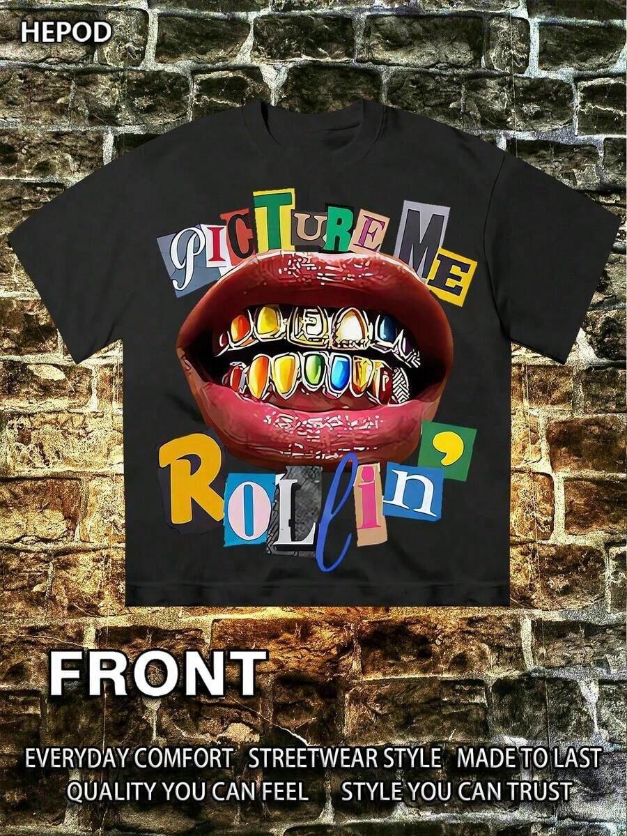 ,PICTUREMEROLEIN,StreetWear,Y2K,(CottonStreetwearT-Shirt)Men'sGraphicTe,RoundNeck,LooseFit,Fall&HolidayTravel,Unisex,Goth&Y2KStyleNewCasualT-ShirtsForMenAndWomen - 黑色 2 - 查看 1
