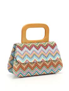 Women's Faux Woven Straw Beach Evening Bag, Envelope Design Party Wedding Handbag, Chain Shoulder Clutch, Velvet Fashion Wallet - Multicolor - View 4