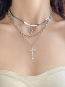 Rhinestone Cross Pendant Multi-Layer Necklace Choker Chain Personalized Versatile Neck Accessory, Stainless Steel Jewelry, Women's Necklace, Y2k - Geometry - View 3