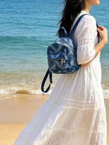 Mochila clásica versátil y sencilla de tela vaquera de moda para mujer, estilo callejero para viajes y multiusos - Negro - Ver 9
