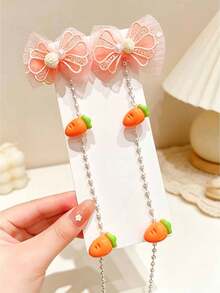1/3pcs Sweet Bow Faux Pearl Tassel Hair Clips, Cartoon Carrot, Strawberry, Grape Cute Decor, Girls Double Ponytail, Braided Twist Hair Styling Fixing Clips, Daily/Campus/Travel Vacation Versatile - Multicolor - View 14