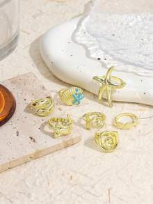 7PCS Unique Ocean Ring Set, Metal Shell Starfish Shark Design Rings, Versatile Vacation Style Hand Jewelry For Women - Gold - View 4
