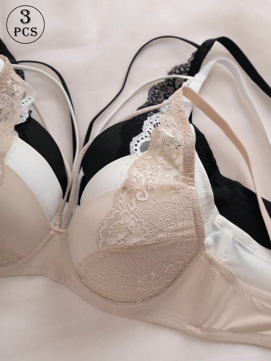 3件組純色性感精緻蕾絲拼接露背女款內衣,鋼圈高支撐深V + 交叉肩帶設計,強化曲線修飾身形,柔軟面料自然舒適,寬側設計平滑側凸,適合四季日常穿著 - 彩色 - 查看 1