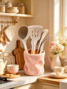 1pc Pink Resin Kitchen Utensil Holder, Stylish Wavy Countertop Organizer, Suitable For Kitchen Countertop, Country Style Kitchen Decor Storage, Used For Storing Spoons, Spatulas And Other Cooking Tools, Modern Home Kitchen Accessories, Suitable For Home Dining Room Coffee Bar, Durable Resin Material, Beautiful Countertop Storage Jar For Daily Use, Can Store Whisks, Spoons, Tongs And More, Space-Saving Kitchen Organization Solution, Suitable For Small Kitchen Apartment Country Home Decor, Great Housewarming Gift - Multicolor - View 6
