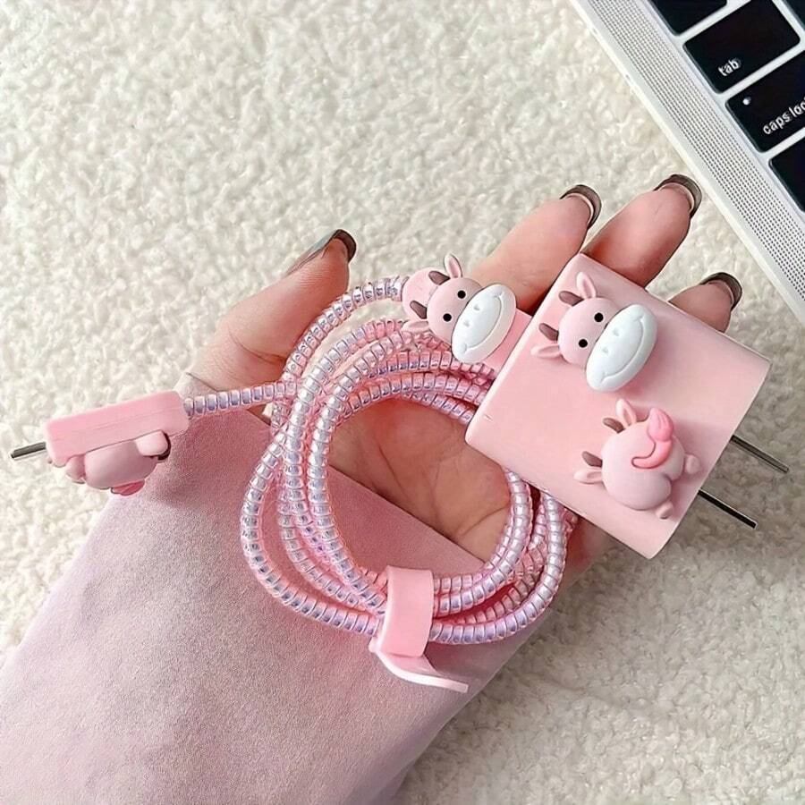 5 Pcs Pink Cow Charger Protector For IPhone 14 Pro Max, Data Cable Protector For IPhone 13/12/11, Charger Cable Organizer For 18/20W Fast Charger, Anti-Break Cable Wrap, Gift For Boyfriend/Girlfriend - Pink - View 1