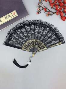 1pc Oriental Black Lace Folding Hand Fan With Tassels, Perfect Match For Hanfu And Cheongsam, Stage Performance, Photo Decoration, Hand Fan, Wedding Decoration, Adult Party Gift, Folding Fan, Witchcraft Supplies - Multicolor - View 4