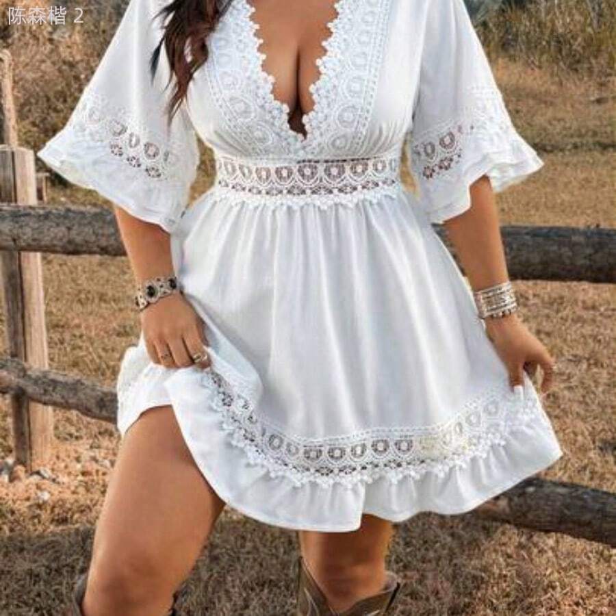 xuehuamaoyi02 Ceyna Vestido de verano casual de talla grande para mujer, de manga corta, con cuello en V, encaje calado, cintura ajustada y línea A, ideal para vacaciones y viajes - Blanco - Ver 1