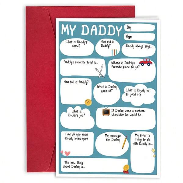 1 tấm thiệp câu hỏi điền vào chỗ trống "My Dad" kèm phong bì, giấy mờ cao cấp, thiết kế vẽ tay (nến, ô tô, v.v.), hoàn hảo cho Ngày của Cha/Sinh nhật, thiệp kỷ niệm tương tác lý tưởng cho bố (Kích thước 12cm/4.7in X 17cm/6.7in)