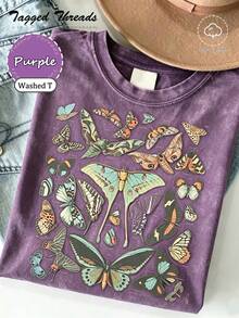 100% Cotton Vintage Butterfly & Moth Shirt Cottagecore Aesthetic Tee, Nature Lover Gift Comfortable T-Shirt Unisex Women's & Men's Campus Daily Wear - Washed T - Purple - 查看 1