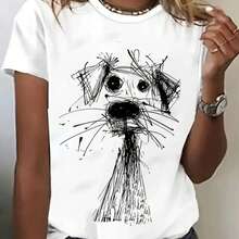 Camiseta Casual de Manga Corta y Cuello Redondo para Mujer - Estampado Divertido de Cara de Perro Anime, Suave y Transpirable, Lavable a Máquina, Versátil para Fiestas de Verano Diarias, Dis - negro - Ver 2
