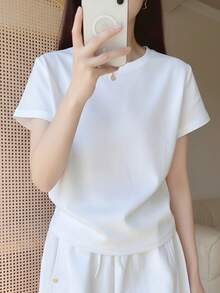 Basic Fitted Short T-Shirt For Women, New Summer Round Neck Short Sleeve White Niche Top Casual - White - View 3
