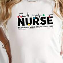 Camiseta con temática de enfermera de la marina - Manga corta, cuello redondo, estilo casual para profesionales de la enfermería y trabajadores de la salud, con diseño de 'Latidos del corazó - negro - Ver 2