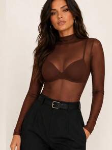 Women's Bodysuit In Tulle With Long, Transparent Sleeves, Fashionable For Foreigners, Night Out - 鏽棕色 - 查看 2