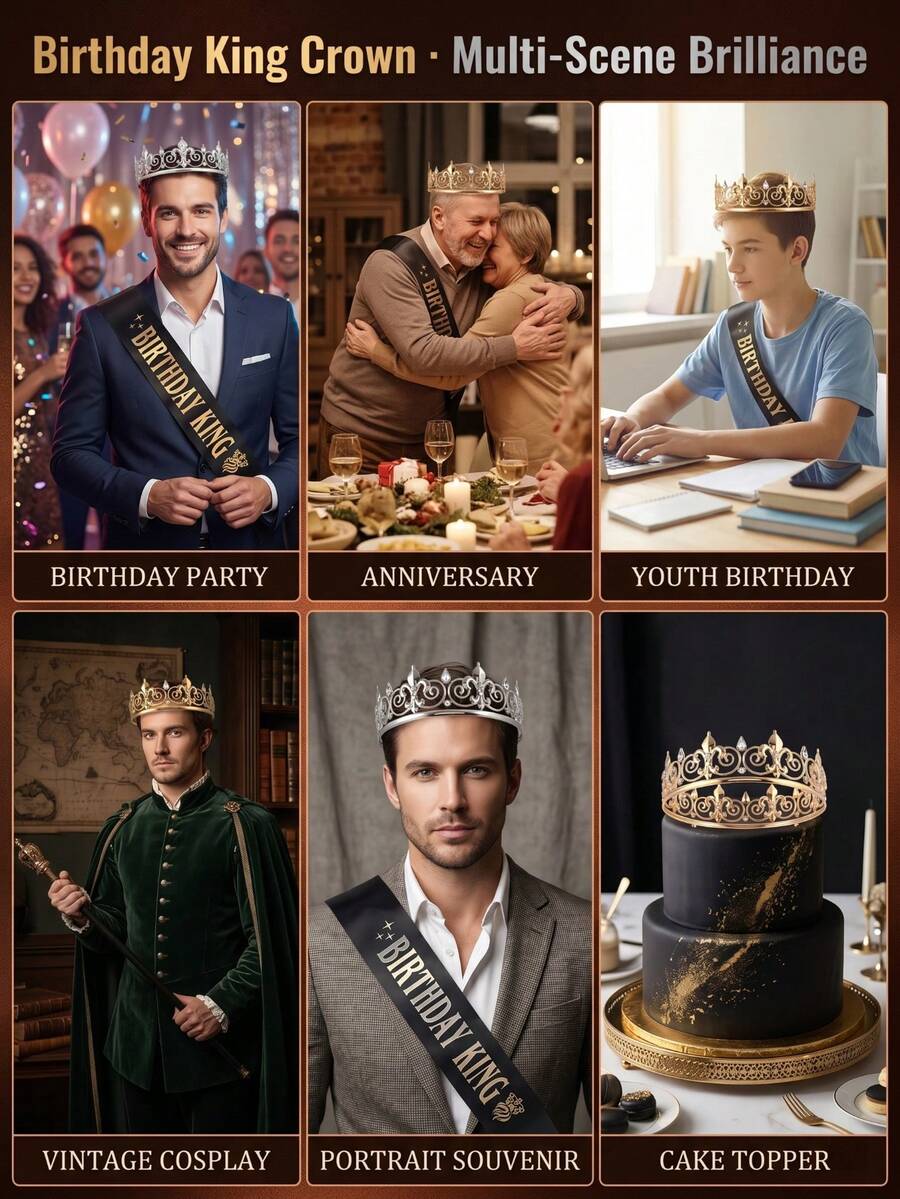 Conjunto de Corona y Cinturón de Cumpleaños para Hombres, Oro/Plata Opcional, Viene con Cinturón Exclusivo "Rey del Cumpleaños". Regalo de Cumpleaños Premium para Hombres Adultos, Decoración de Celebración Festiva, Opción Perfecta para Fiesta de Cumpleaños de Adultos y Accesorios para Fotos.