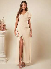 Dresses For WomenBelle Butterfly Sleeve Split Thigh Wrap Bridesmaid Dress Wedding Guest Dress Elegant Dressdresses - 杏色 - 查看 1