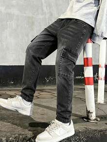 Boys' Solid Color Minimalist Daily Skinny Jeans - Black - View 1